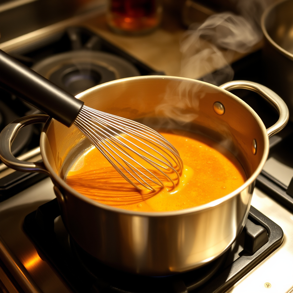 Golden roux being whisked in a saucepan, the first step to making rich and creamy vegan gravy.