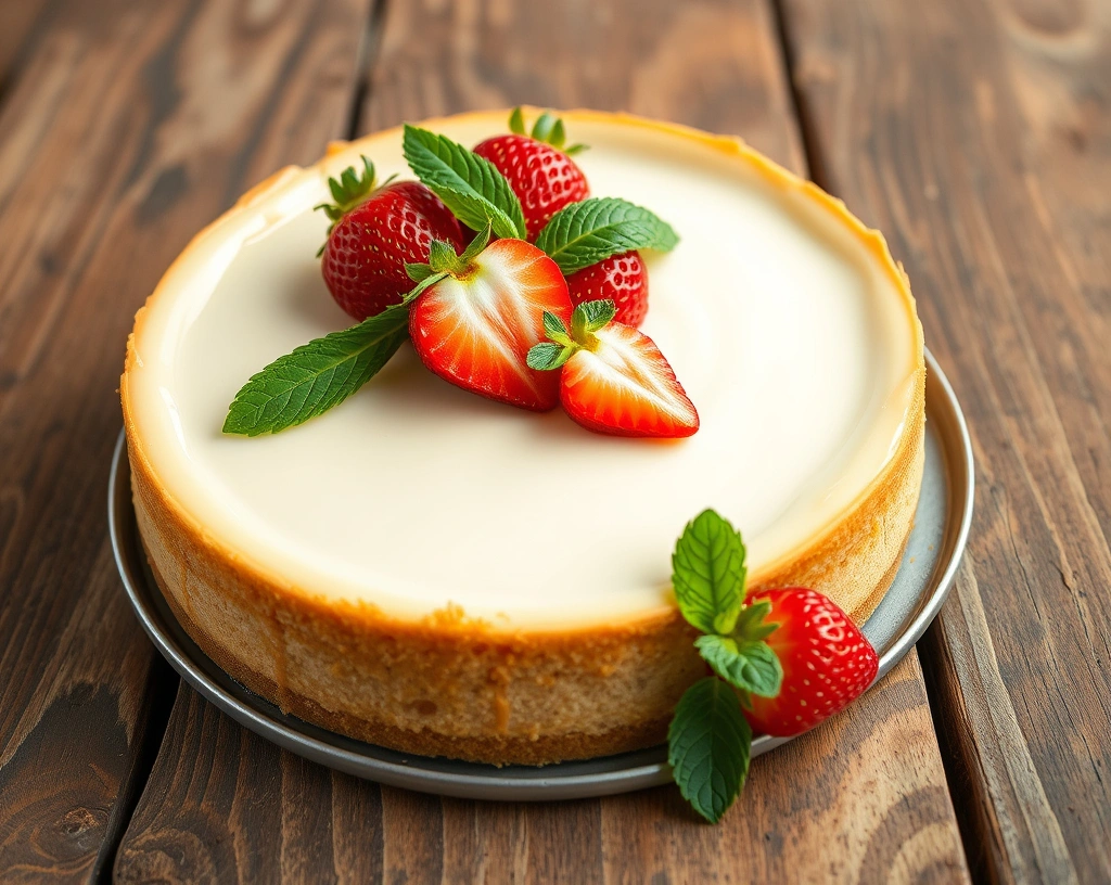 Cottage cheese cheesecake with a graham cracker crust, garnished with strawberries and mint.