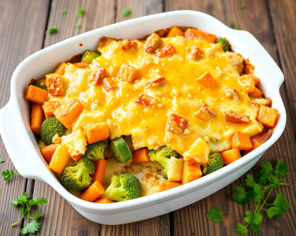 A colorful casserole in a white baking dish, layered with fresh vegetables like broccoli, zucchini, and carrots, topped with melted golden cheese, set on a rustic wooden table with scattered fresh parsley leaves.