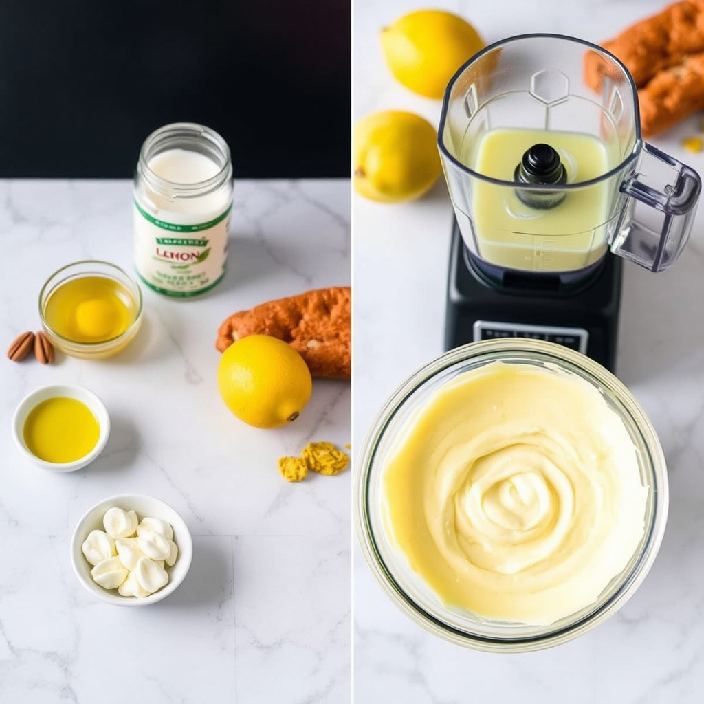 "Ingredients for vegan mayonnaise—almond milk, oil, lemon, and mustard—arranged next to a blender, with a bowl of freshly made mayonnaise nearby.