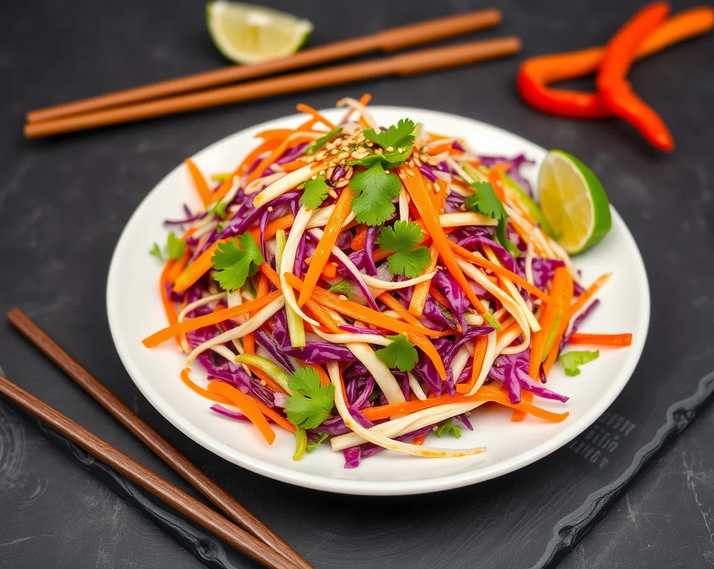 A colorful Asian slaw with purple cabbage, carrots, and bell peppers, garnished with sesame seeds and cilantro, served on a black slate table.