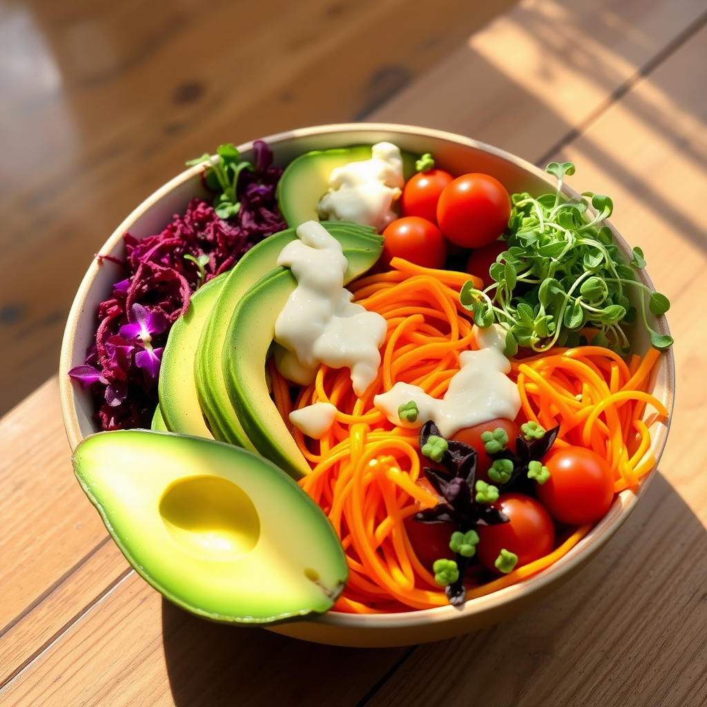 "Overhead view of a vibrant raw vegan Buddha bowl with avocado, spiralized carrots, cherry tomatoes, microgreens, and cashew dressing on a wooden table.