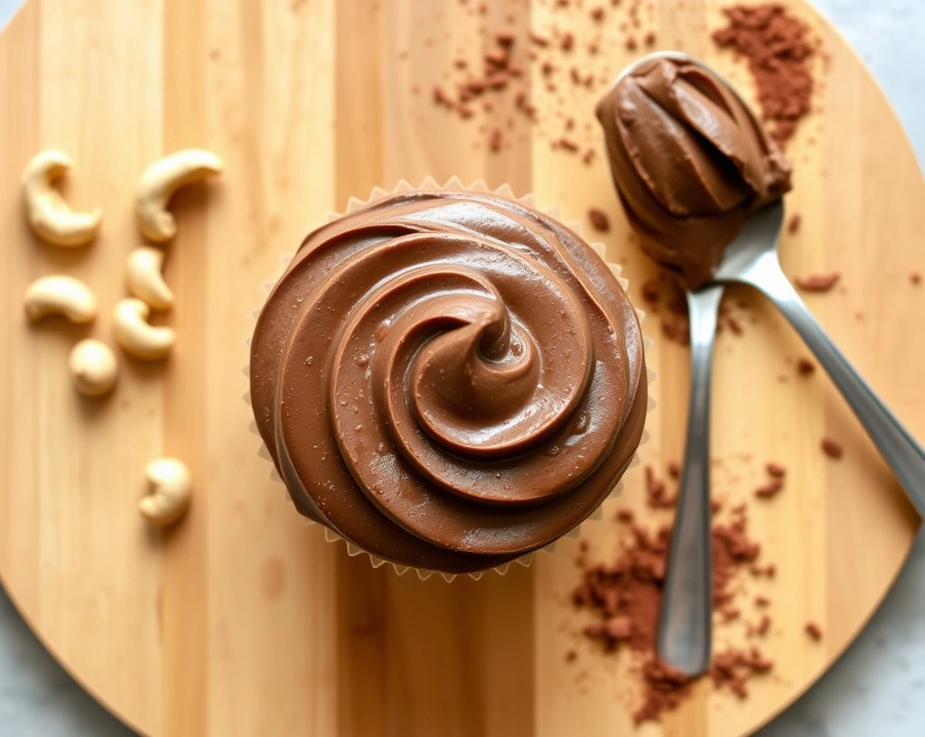 Top-down view of chocolate cashew frosting on a cupcake with a spoonful of frosting and raw cashews on a wooden background.