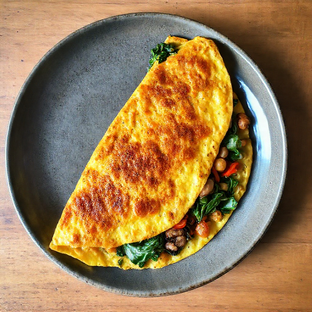 A golden-brown chickpea omelet filled with sautéed spinach, mushrooms, and peppers on a plate.