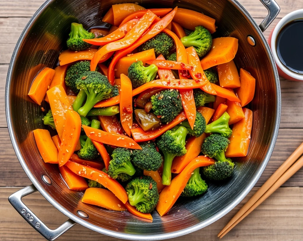 Sweet and sour stir-fried kabocha squash with broccoli and carrots, coated in glossy sauce, garnished with sesame seeds and chili flakes.