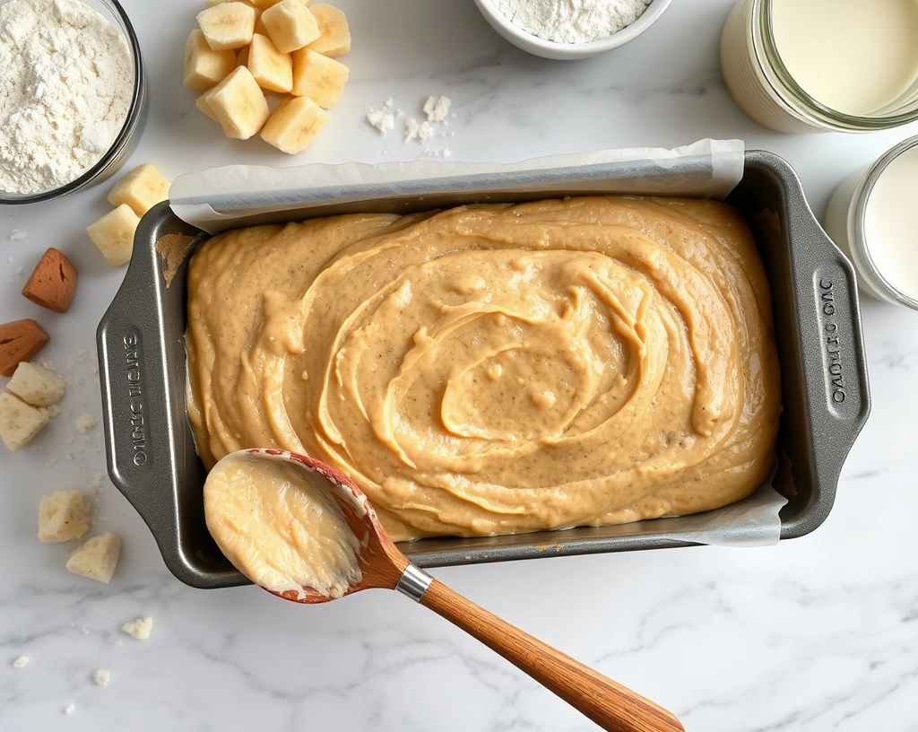 Top-down view of a loaf pan with unbaked vegan banana bread batter on a marble countertop, surrounded by mashed bananas, flour, and plant-based milk.