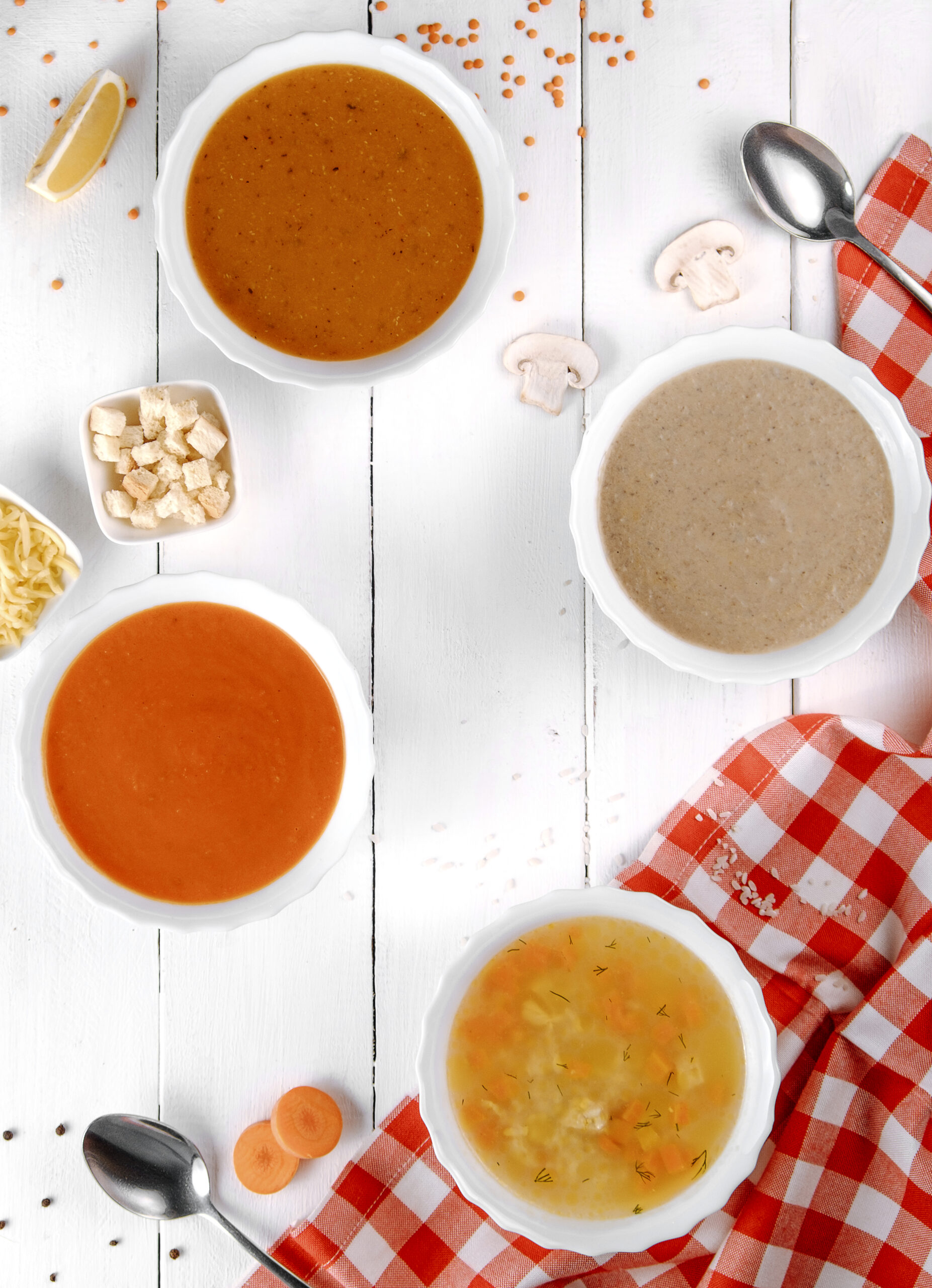 A variety of vegan soup and gravy options, including mushroom, tomato, and lentil-based recipes.