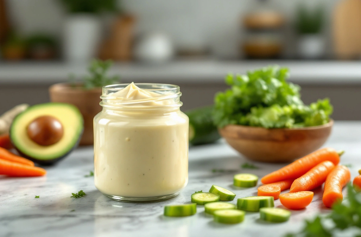 Jar of vegan mayo with fresh vegetables on a kitchen counter