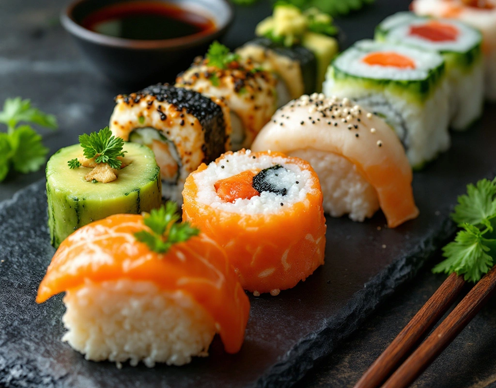 Assorted vegan sushi on black plate