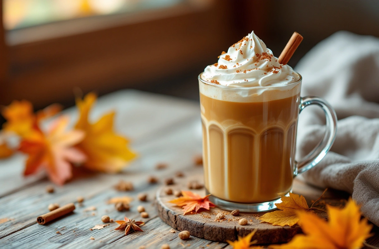 Vegan iced pumpkin spice coffee in glass with whipped cream