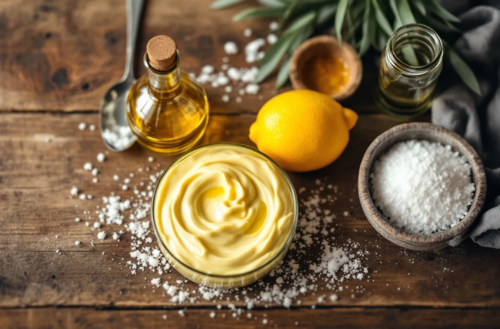  Ingredients used to make vegan mayo displayed on a wooden table