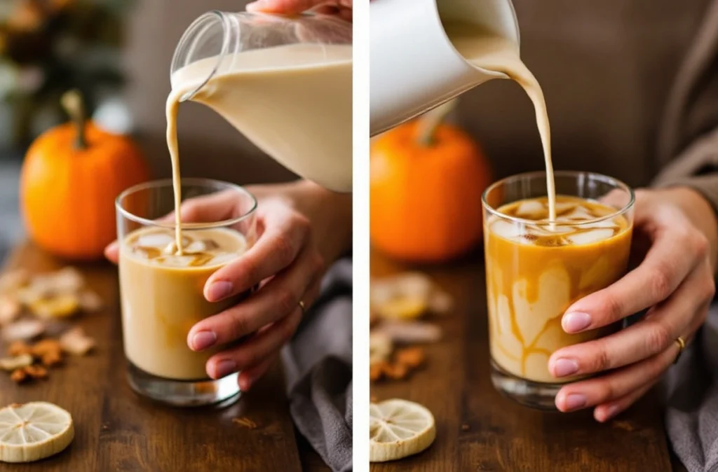  Pouring plant-based milk into vegan iced pumpkin spice coffee