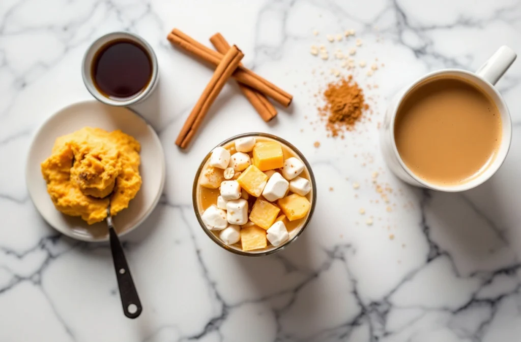 Ingredients for vegan iced pumpkin spice coffee on marble