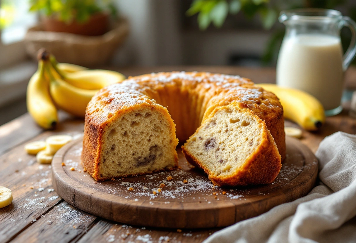 Vegan banana cake fresh and fluffy on a wooden table