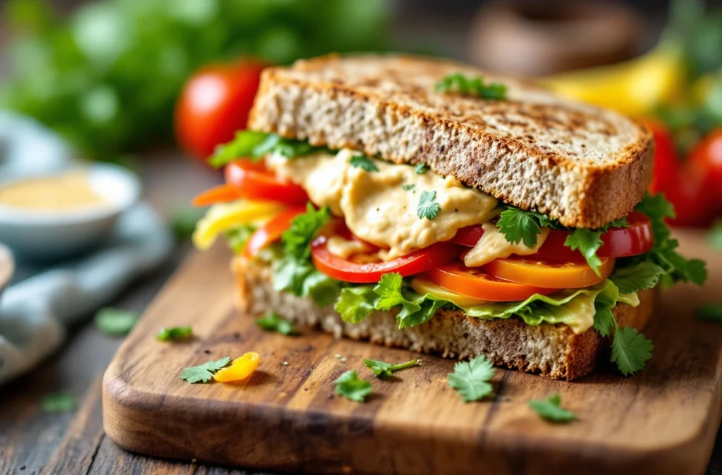 Vegan sandwich with vegetables and vegan mayo spread