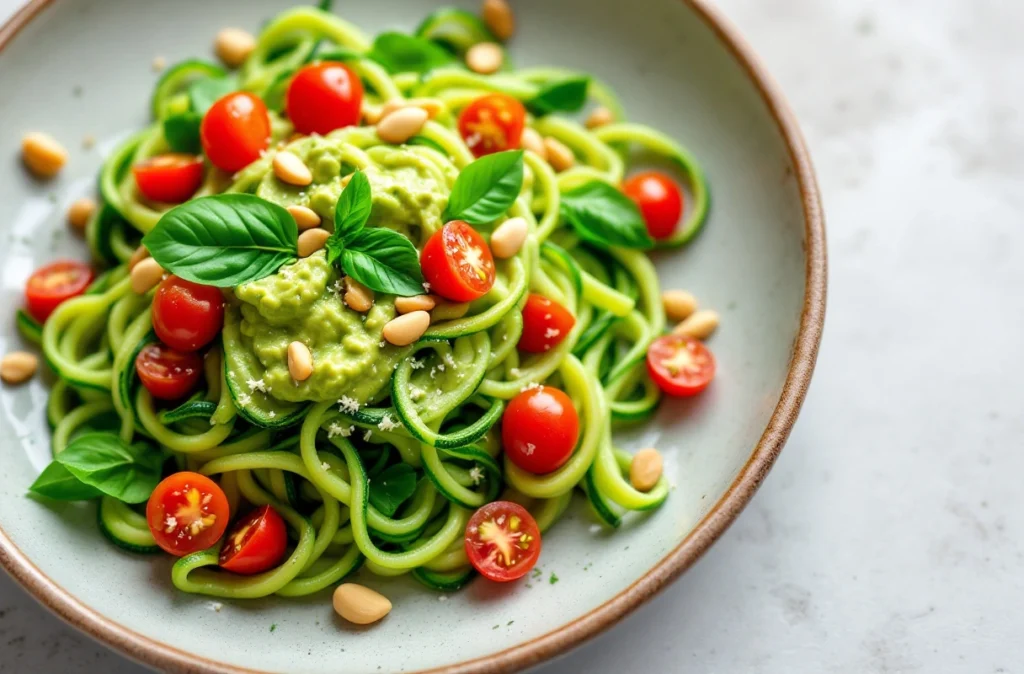 Spiralized zucchini noodles topped with creamy avocado pesto, cherry tomatoes, and pine nuts