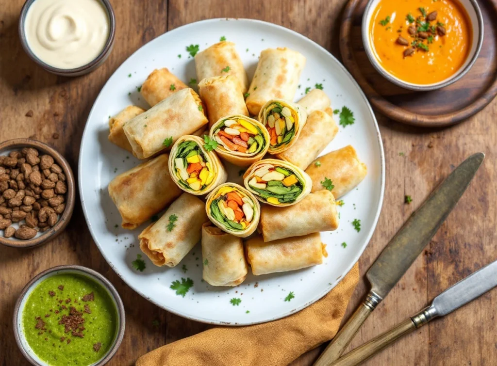 Veg Egg Rolls with chutneys and dips