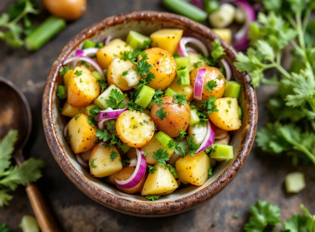 Fresh vegan potato salad with herbs and vegetables