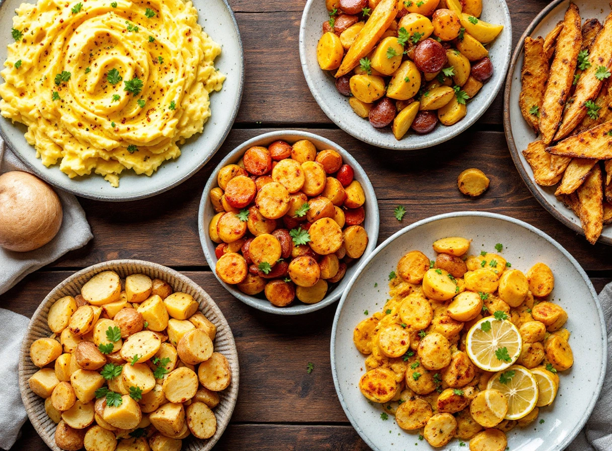 Vegan potato dishes beautifully presented on a rustic table