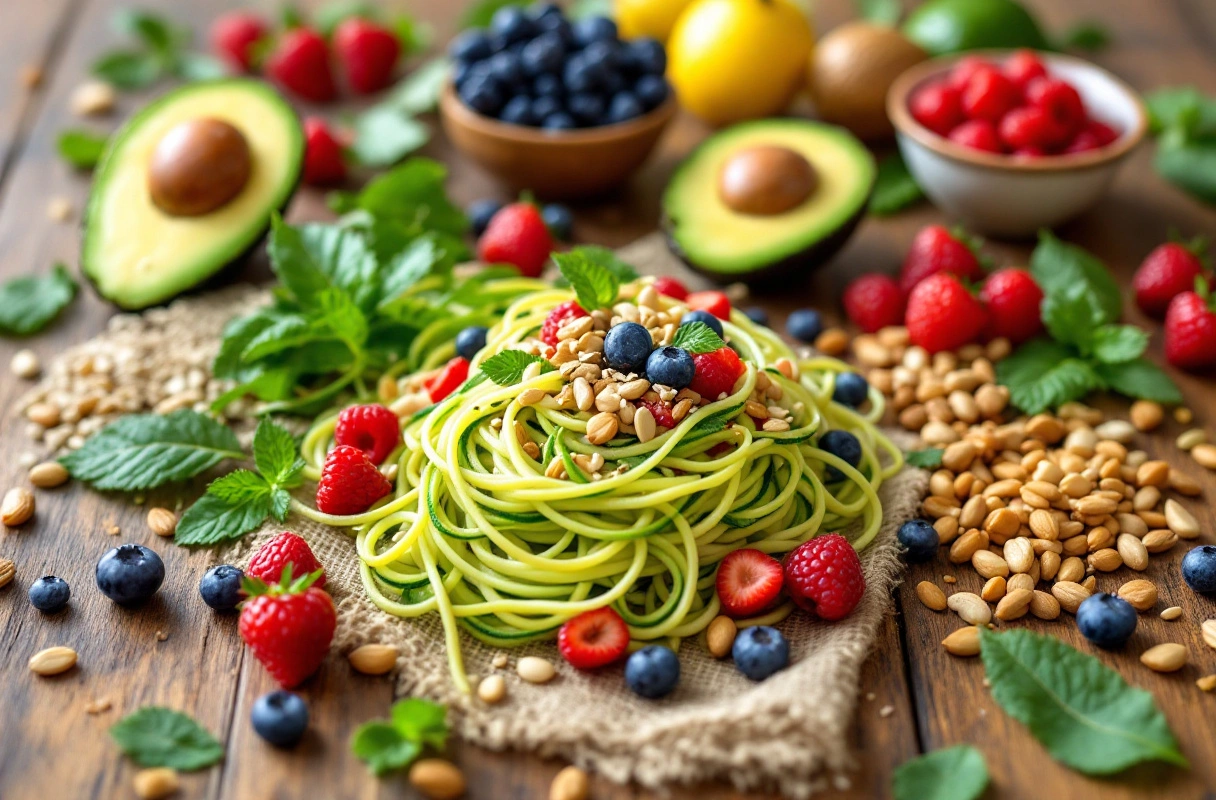 Fresh assortment of uncooked vegan foods on rustic table