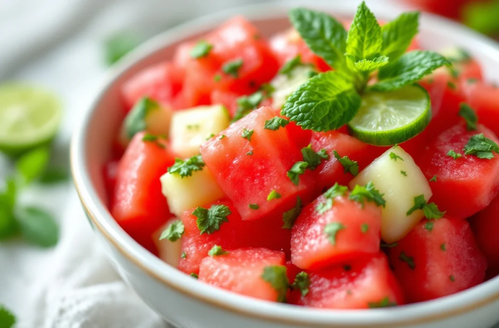 Fresh watermelon cucumber salad vegan
