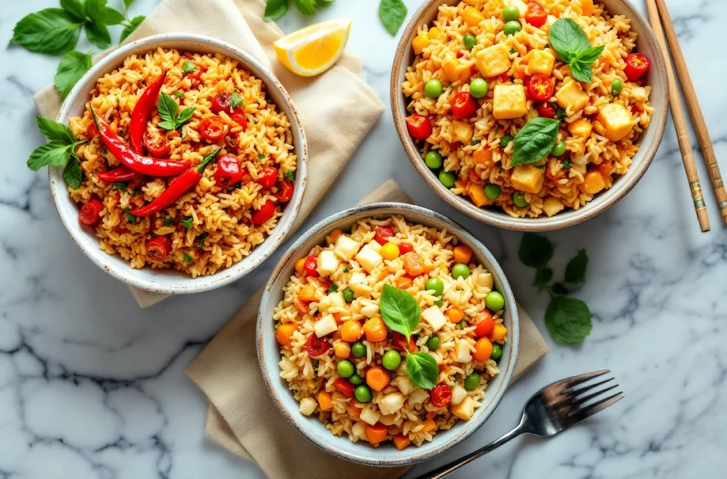 Three variations of vegan fried rice in bowls