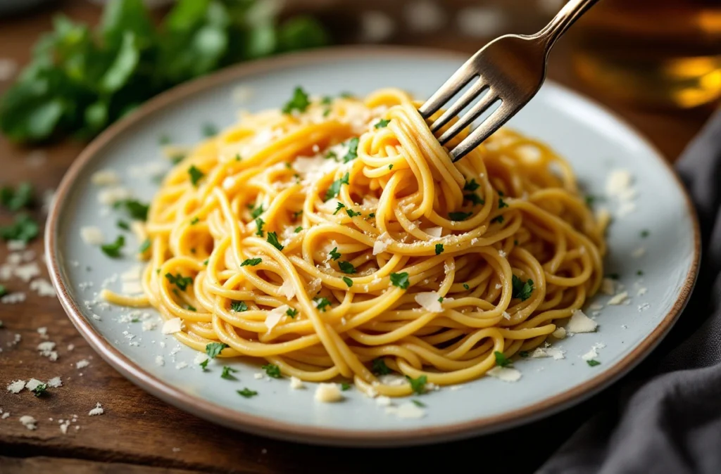 Garlic Parmesan spaghetti with herbs and Parmesan shavings