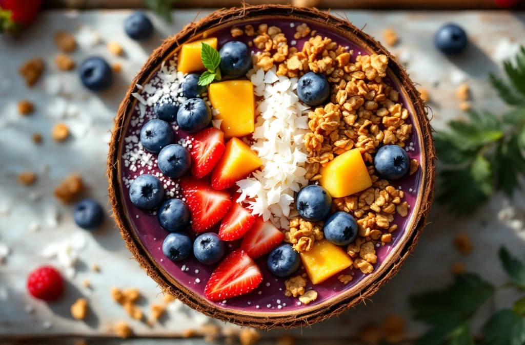 Raw vegan smoothie bowl with tropical fruits and seeds