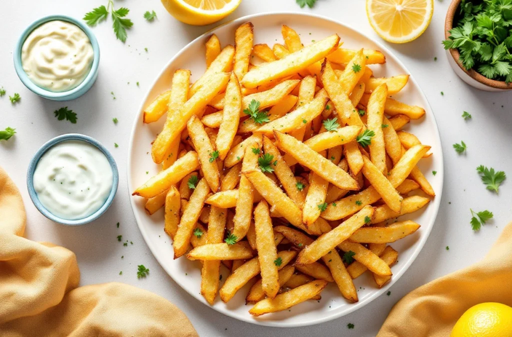 Top-down view of garlic parmesan fries with garlic aioli, ranch, lemon, and herbs.