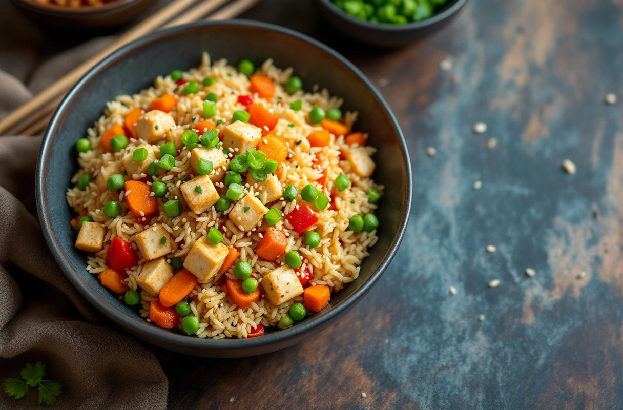 Colorful vegan fried rice bowl with tofu and vegetables
