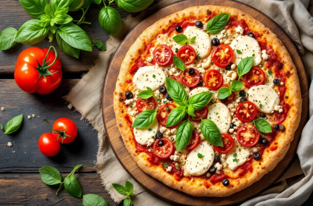  Raw vegan pizza with cashew cheese and fresh veggies