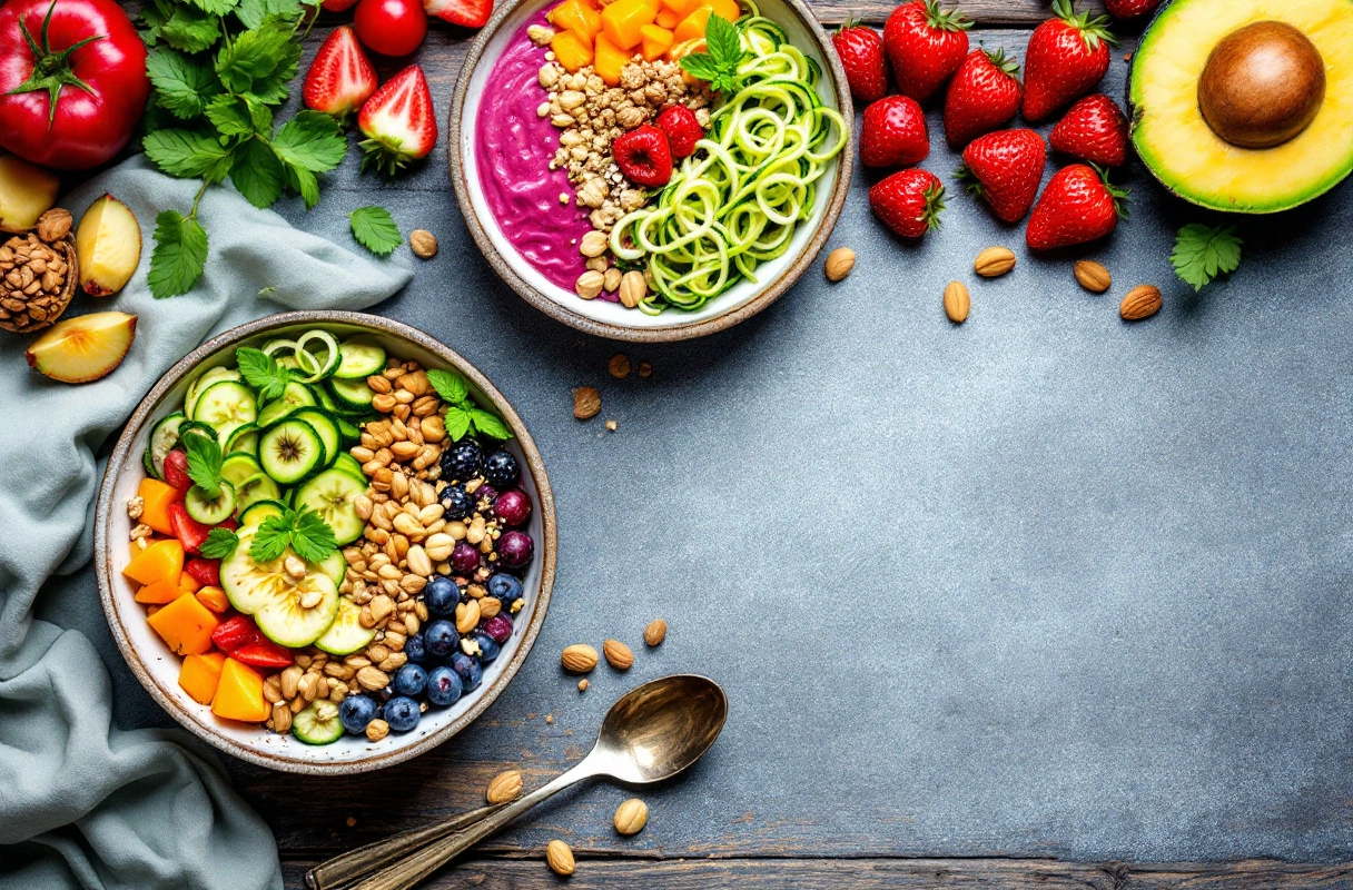 Assorted raw vegan dishes beautifully arranged on a rustic table