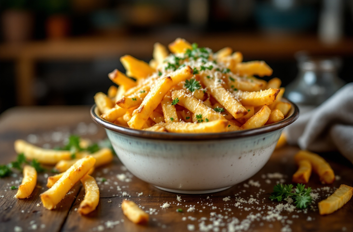 Close-up of tossing hot fries with melted butter, garlic, and parmesan in a metal bowl.