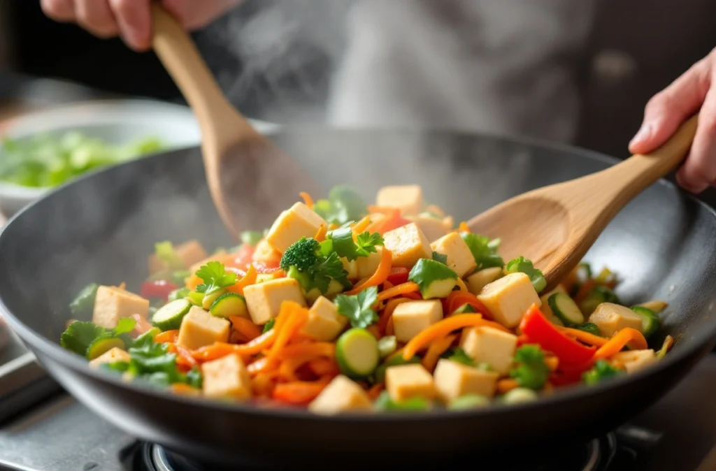 Stir-frying tofu and vegetables in a wok