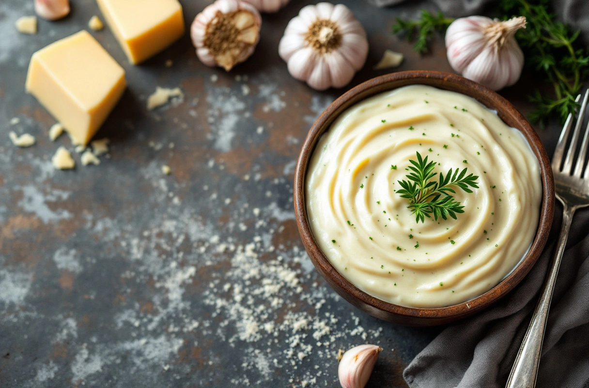 Bowl of creamy garlic Parmesan sauce with fresh ingredients